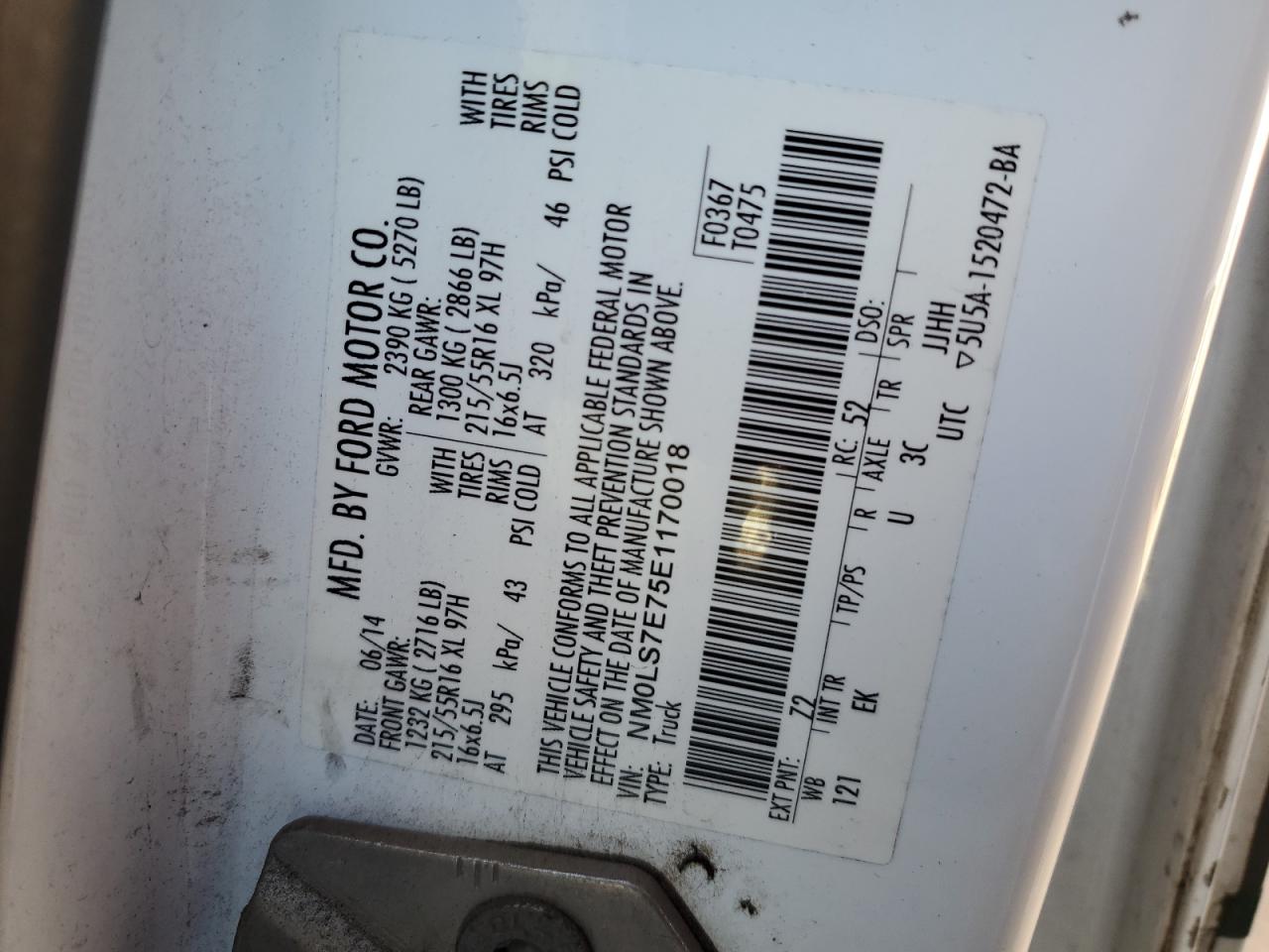 2014 Ford Transit VIN NM0LS7E75E1170018 Copart auction photo, front end damage thumbnail 12