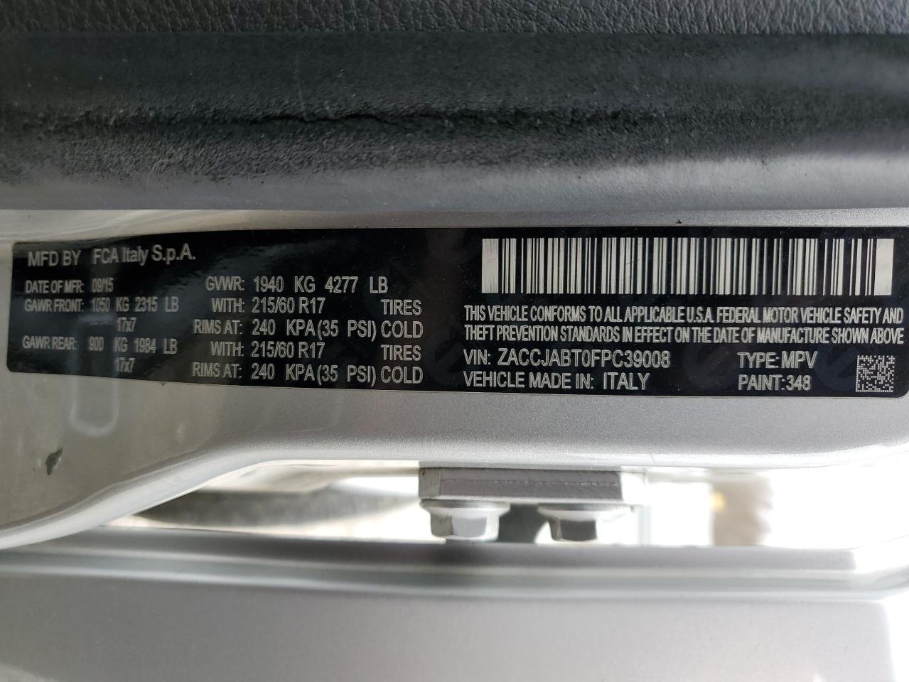 2015 Jeep Renegade VIN ZACCJABT0FPC39008 Copart auction photo, side damage thumbnail 15