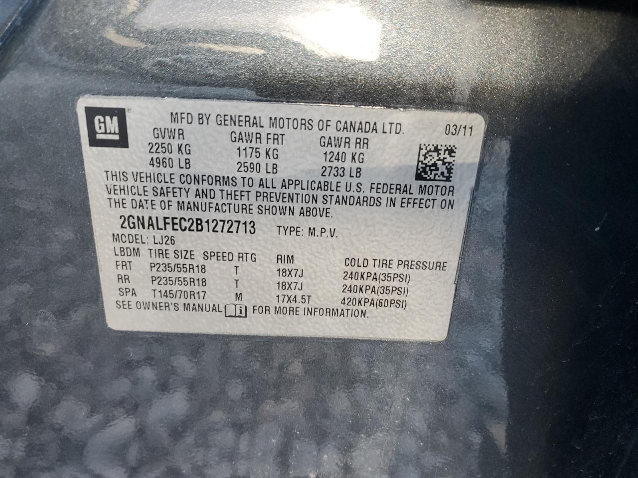 2011 Chevrolet Equinox VIN 2GNALFEC2B1272713 Copart auction photo, mechanical damage thumbnail 12