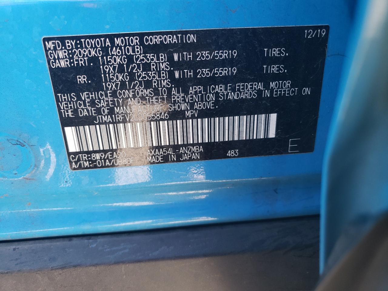 2020 Toyota RAV 4 VIN JTMA1RFV2LD055846 Copart auction photo, front end damage thumbnail 13