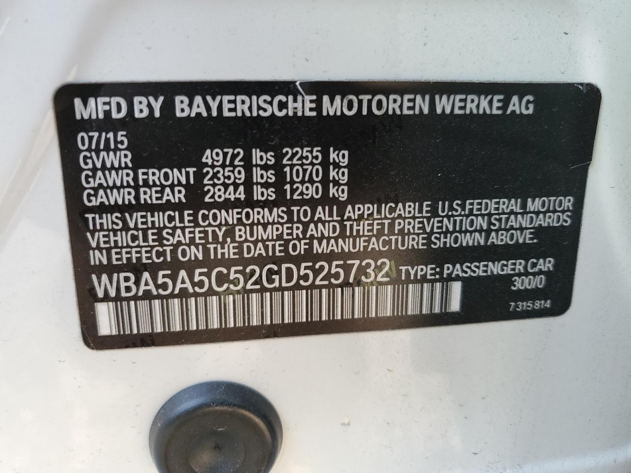 2016 BMW 5er VIN WBA5A5C52GD525732 Copart auction photo, front end damage thumbnail 14