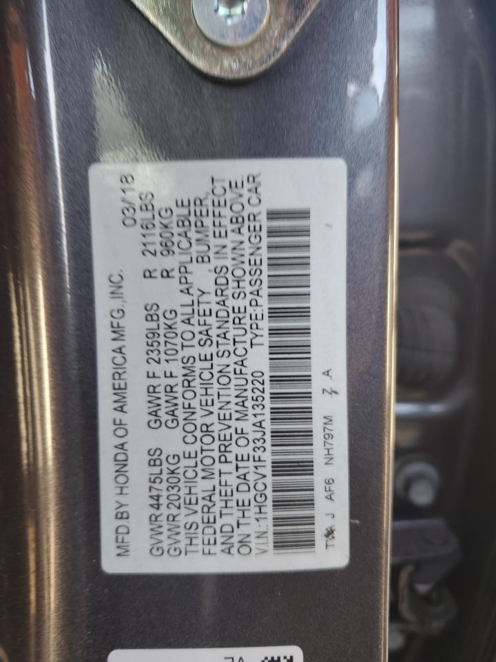 2018 Honda Accord VIN 1HGCV1F33JA135220 Copart auction photo, front end / rear end damage thumbnail 13