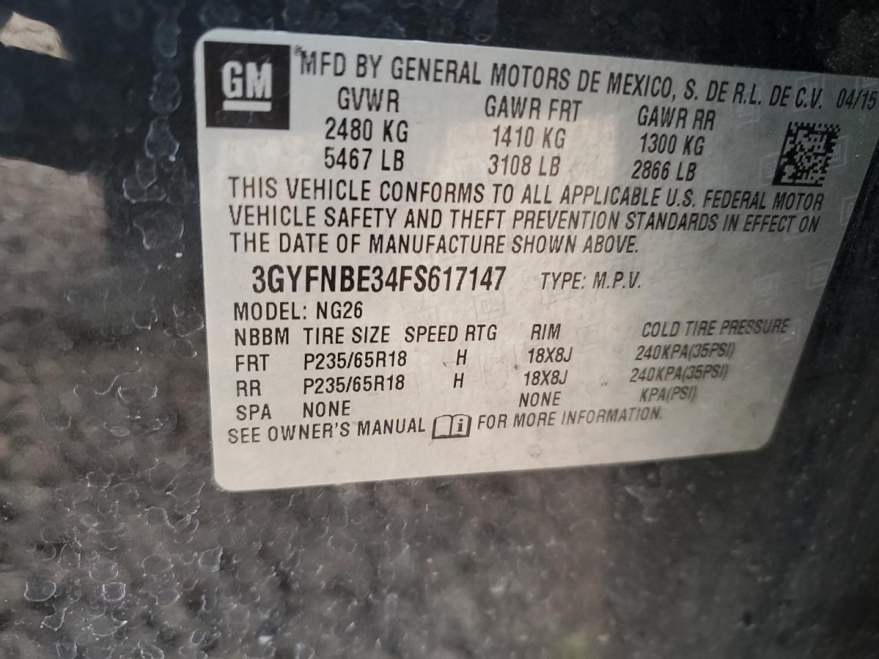 2015 Cadillac SRX VIN 3GYFNBE34FS617147 Copart auction photo, front end / side damage thumbnail 15