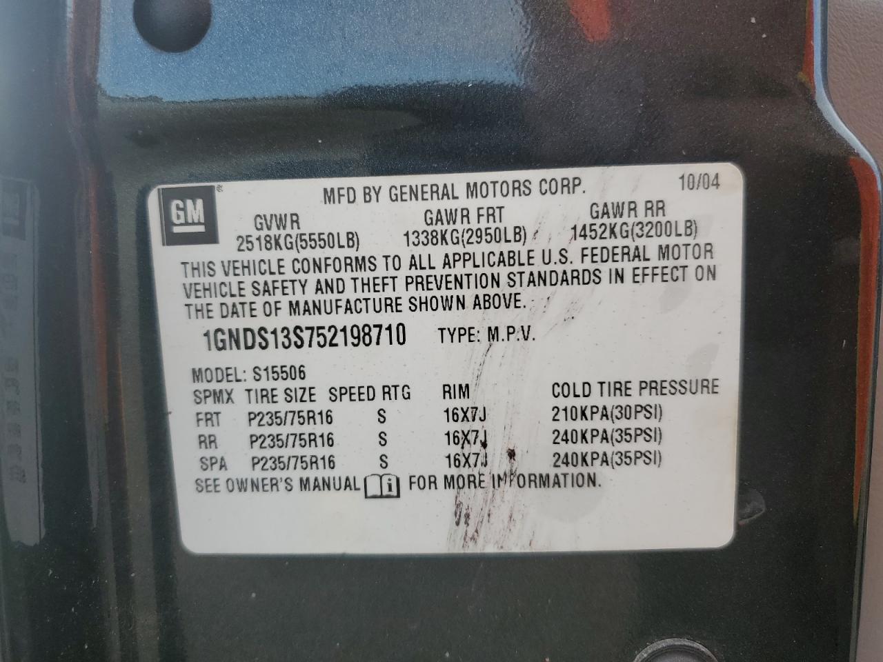 2005 Chevrolet TrailBlazer VIN 1GNDS13S752198710 Copart auction photo, front end / minor dent/scratches damage thumbnail 14