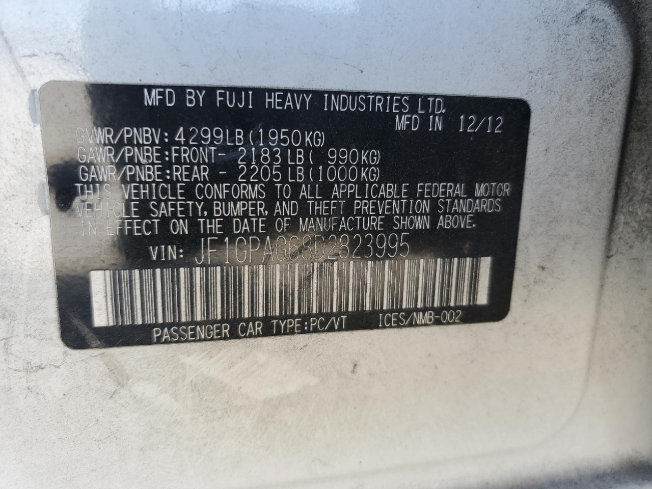 2013 Subaru Impreza VIN JF1GPAG68D2823995 Copart auction photo, front end / rear end damage thumbnail 14