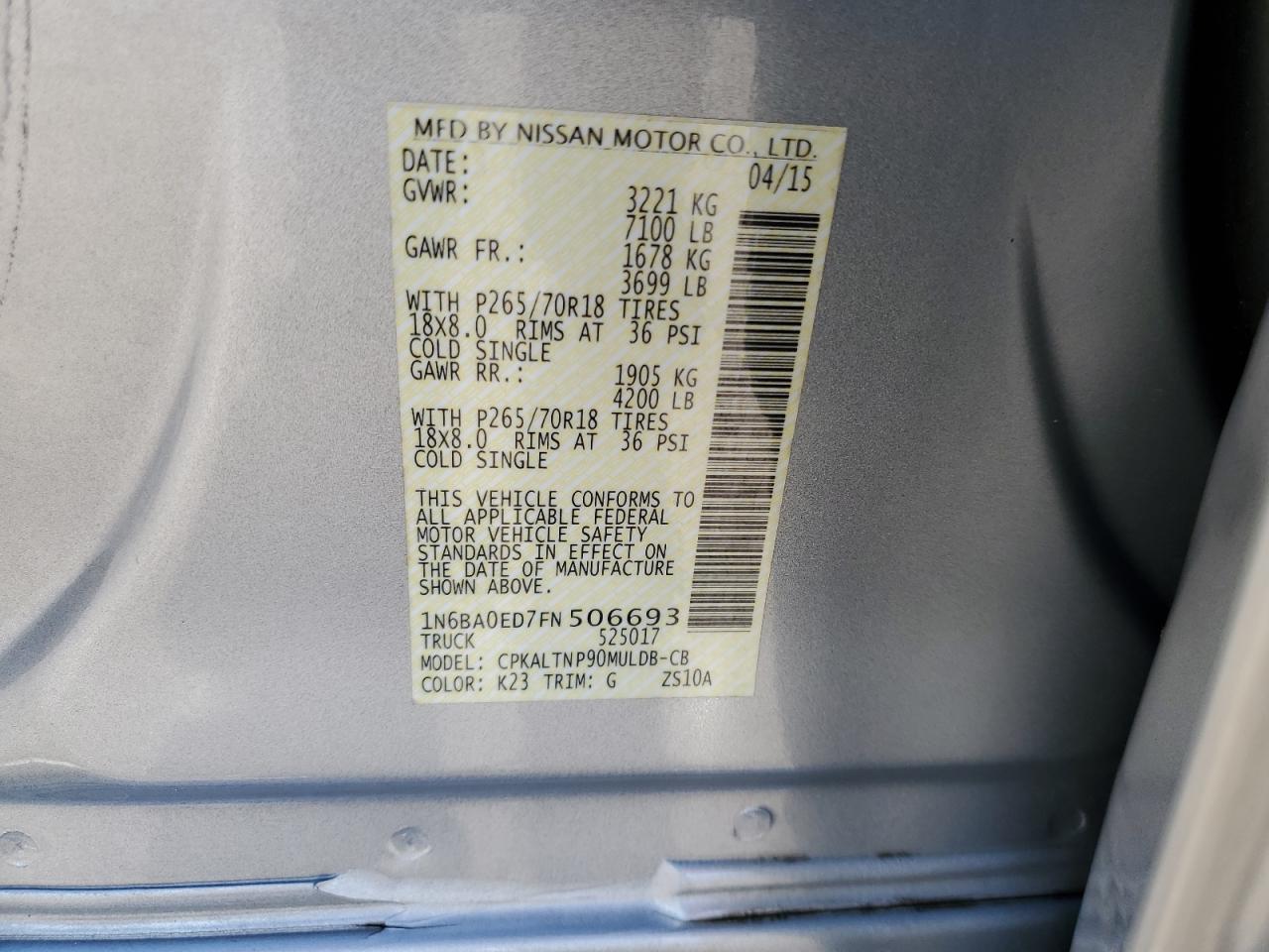 2015 Nissan Titan VIN 1N6BA0ED7FN506693 Copart auction photo, front end damage thumbnail 14