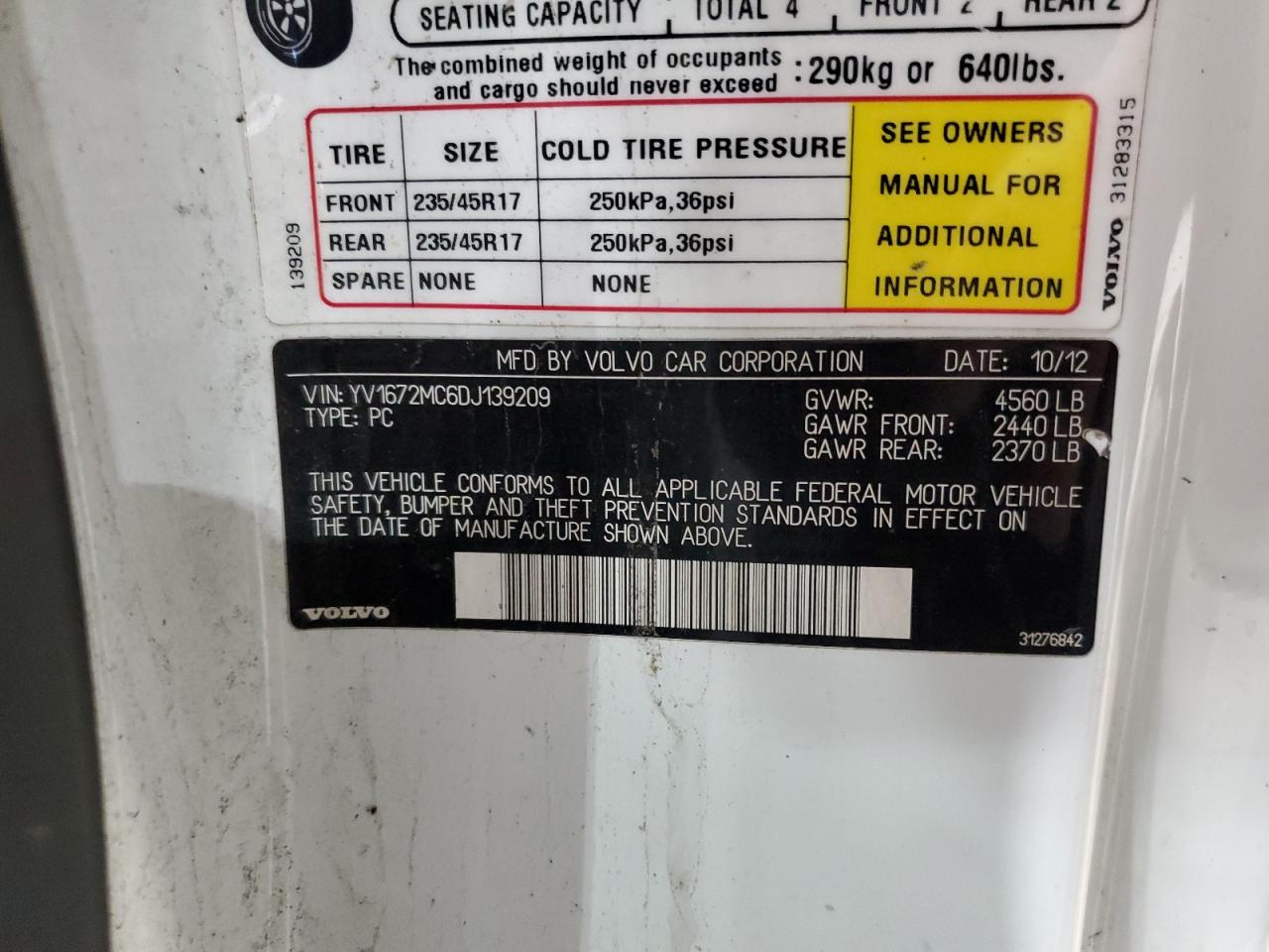 2013 Volvo C70 VIN YV1672MC6DJ139209 Copart auction photo, undercarriage damage thumbnail 12