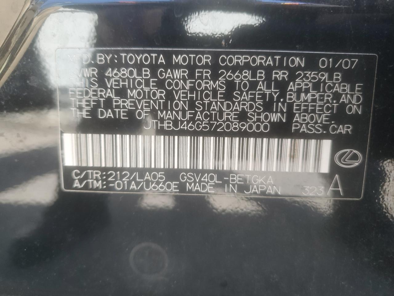 2007 Lexus ES VIN JTHBJ46G572089000 Copart auction photo, front end damage thumbnail 12