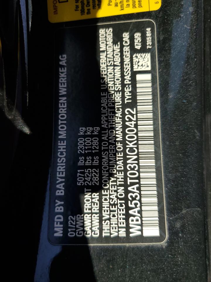 2022 BMW M4 VIN WBA53AT03NCK00422 Copart auction photo, water/flood damage thumbnail 13