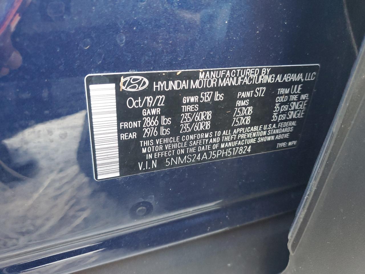 2023 Hyundai Santa Fe VIN 5NMS24AJ5PH517824 Copart auction photo, water/flood damage thumbnail 14