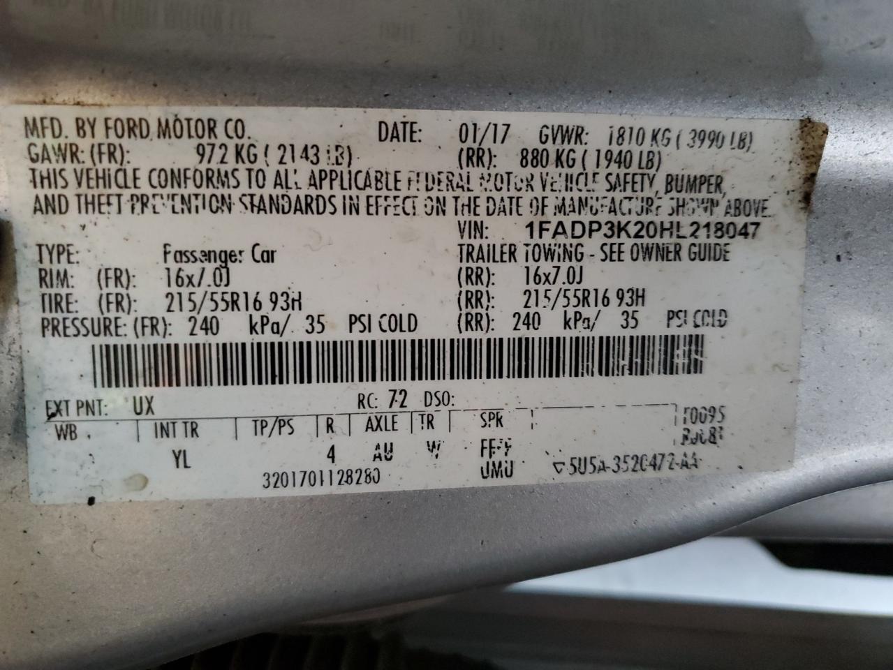 2017 Ford Focus VIN 1FADP3K20HL218047 Copart auction photo, minor dent/scratches damage thumbnail 12