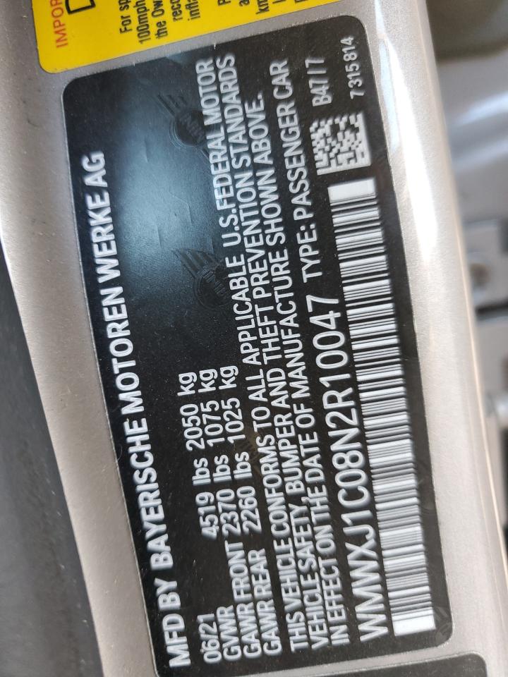 2022 MINI Cooper VIN WMWXJ1C08N2R10047 Copart auction photo, all over damage thumbnail 12