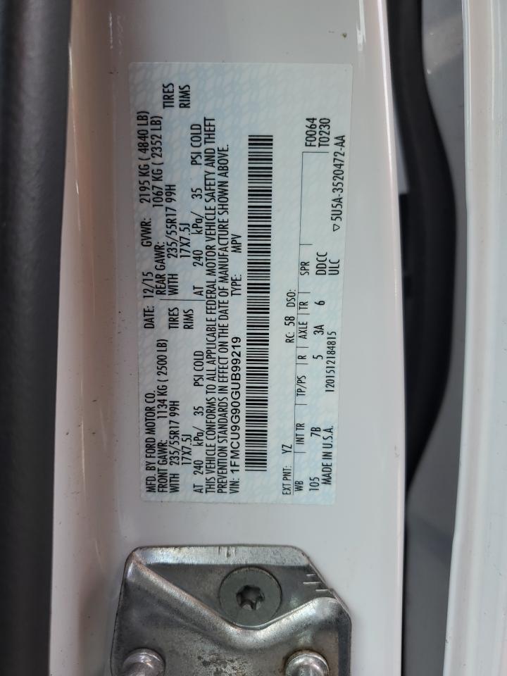2016 Ford Escape VIN 1FMCU9G90GUB99219 Copart auction photo, front end damage thumbnail 15