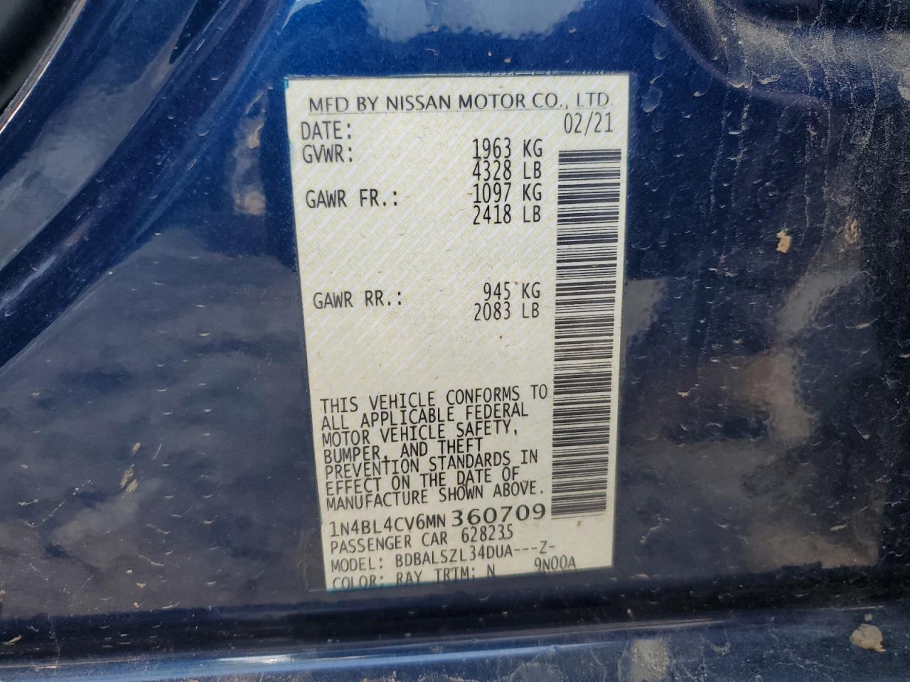 2021 Nissan Altima VIN 1N4BL4CV6MN360709 Copart auction photo, front end / rear end damage thumbnail 15