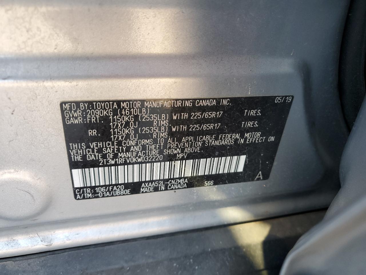 2019 Toyota RAV 4 VIN 2T3W1RFV0KW032220 Copart auction photo, rear end damage thumbnail 15