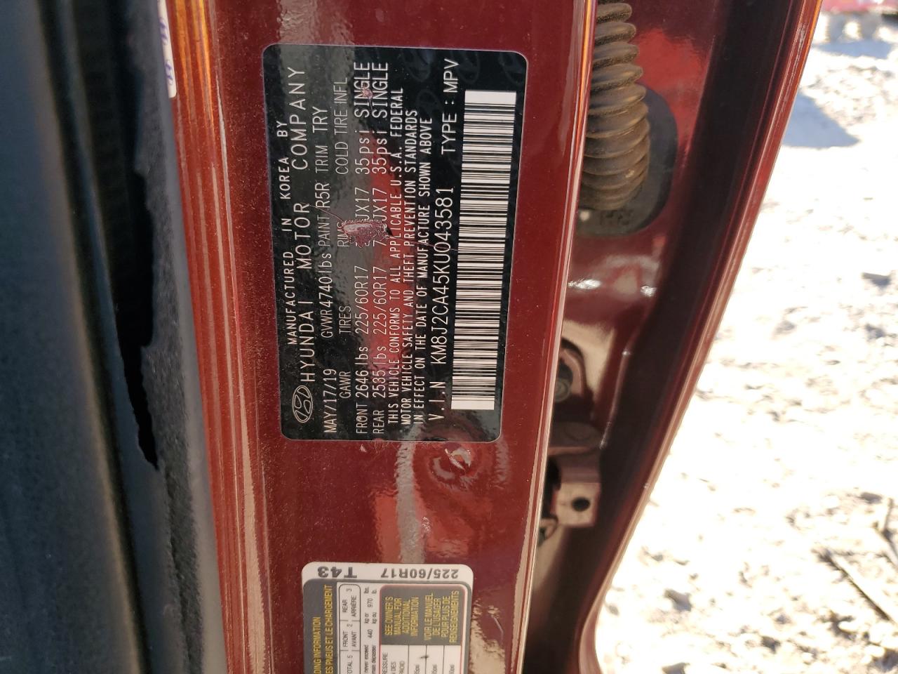 2019 Hyundai Tucson VIN KM8J2CA45KU043581 Copart auction photo, unknown damage thumbnail 13