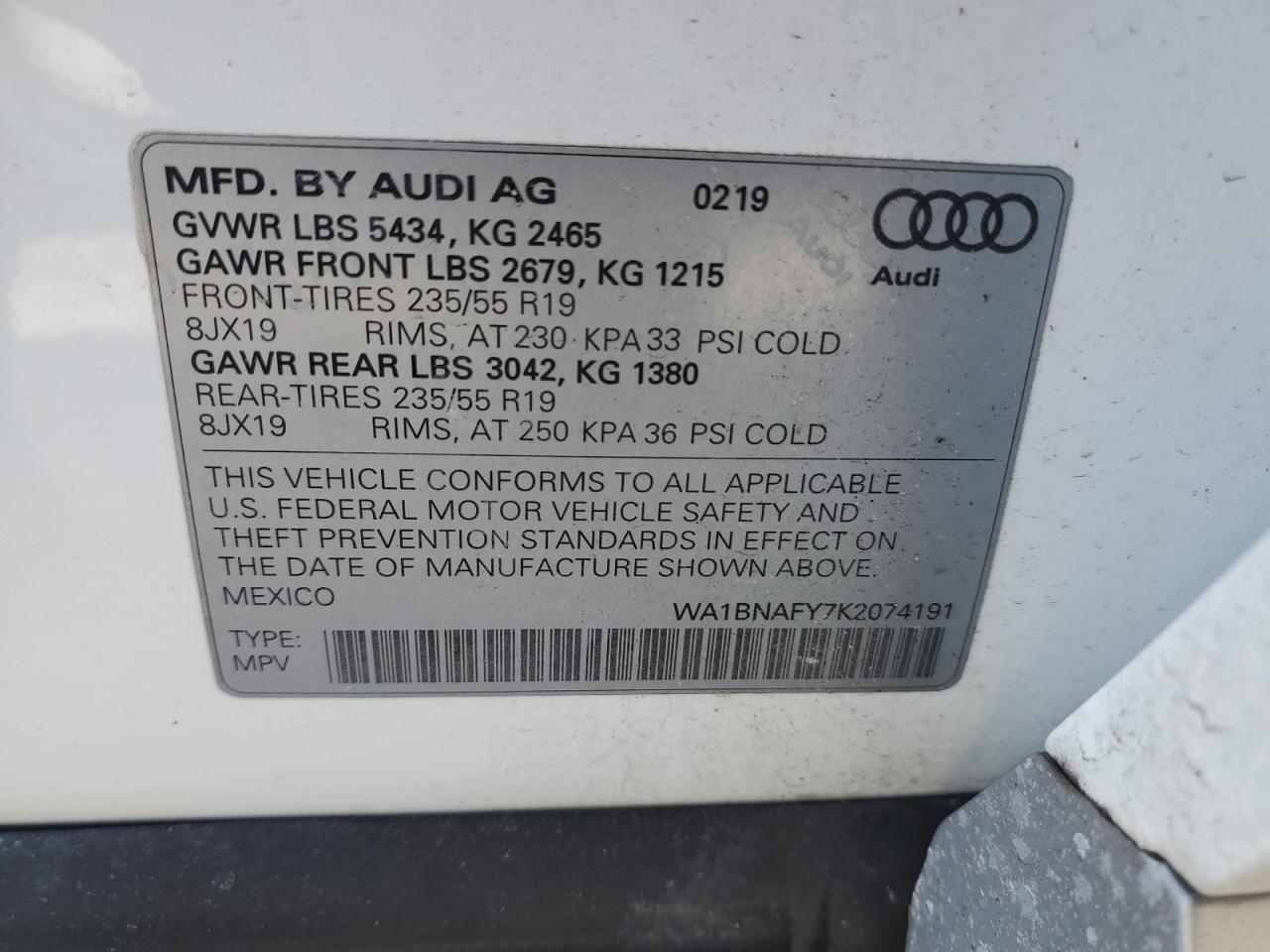 2019 Audi Q5 VIN WA1BNAFY7K2074191 Copart auction photo, side / minor dent/scratches damage thumbnail 14