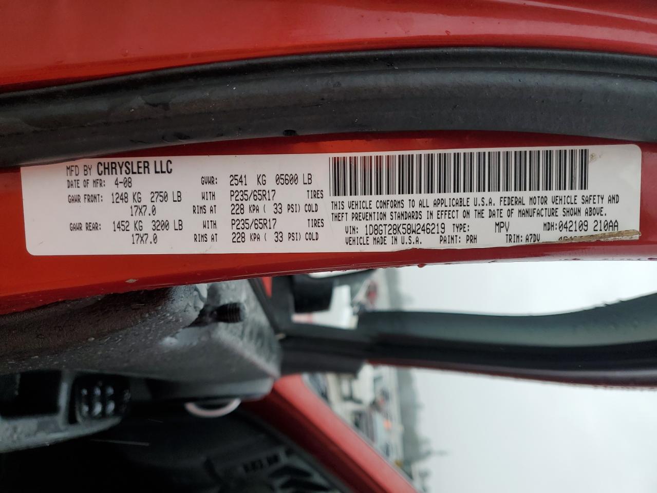 2008 Dodge Nitro VIN 1D8GT28K58W246219 Copart auction photo, front end damage thumbnail 13