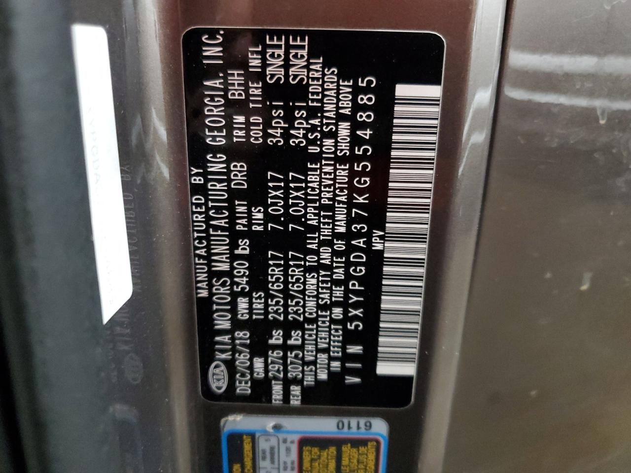 2019 KIA Sorento VIN 5XYPGDA37KG554885 Copart auction photo, water/flood / minor dent/scratches damage thumbnail 14