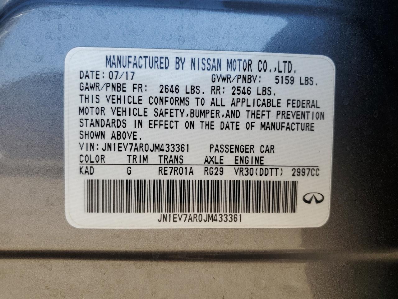 2018 Infiniti Q50 VIN JN1EV7AR0JM433361 Copart auction photo, rear end damage thumbnail 14