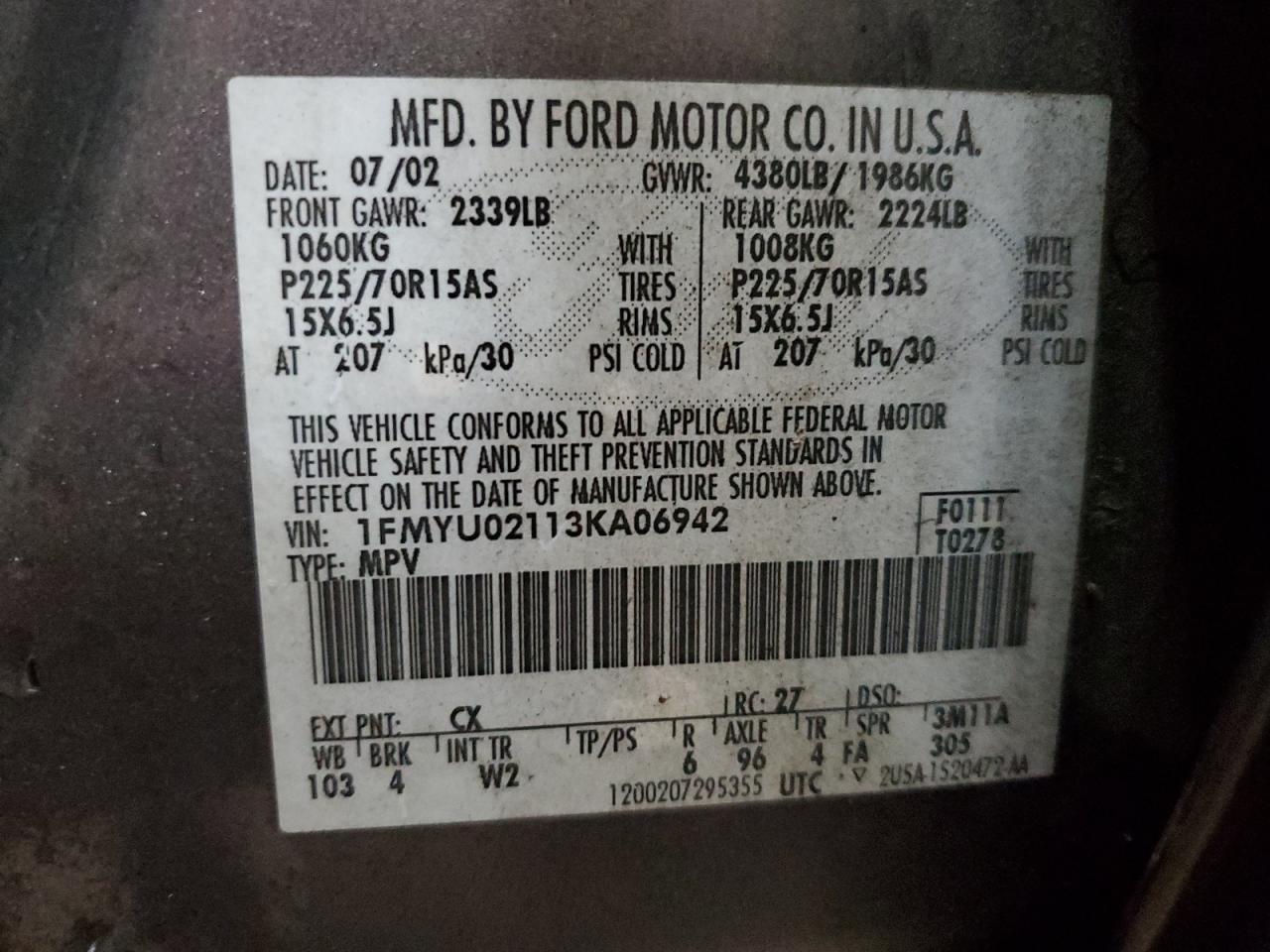 2003 Ford Escape VIN 1FMYU02113KA06942 Copart auction photo, front end / undercarriage damage thumbnail 13