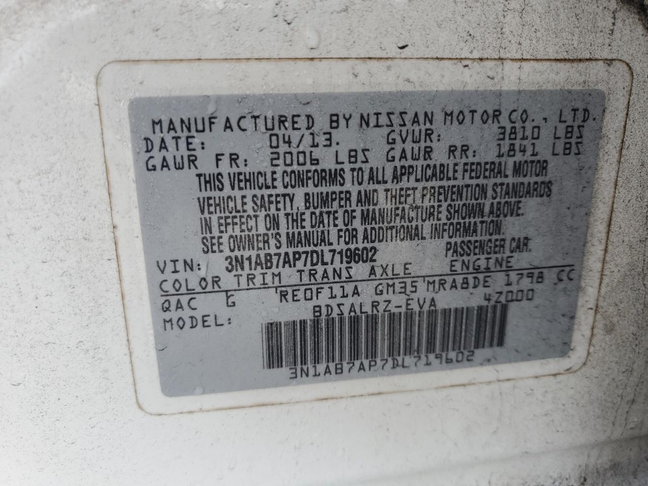 2013 Nissan Sentra VIN 3N1AB7AP7DL719602 Copart auction photo, front end damage thumbnail 12