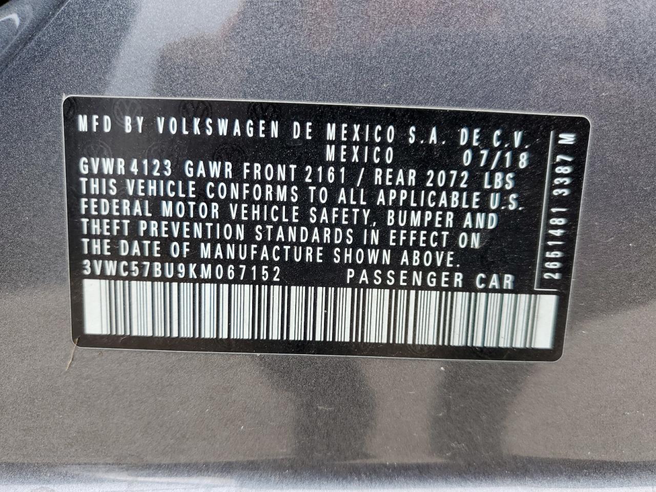 2019 Volkswagen Jetta VIN 3VWC57BU9KM067152 Copart auction photo, all over damage thumbnail 12