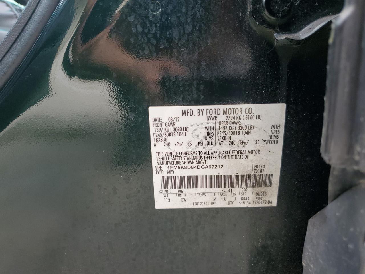 2013 Ford Explorer VIN 1FM5K8D84DGA97212 Copart auction photo, rear end / front end damage thumbnail 13