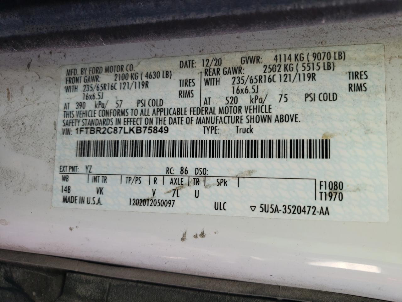 2020 Ford Transit VIN 1FTBR2C87LKB75849 Copart auction photo, front end / undercarriage damage thumbnail 13