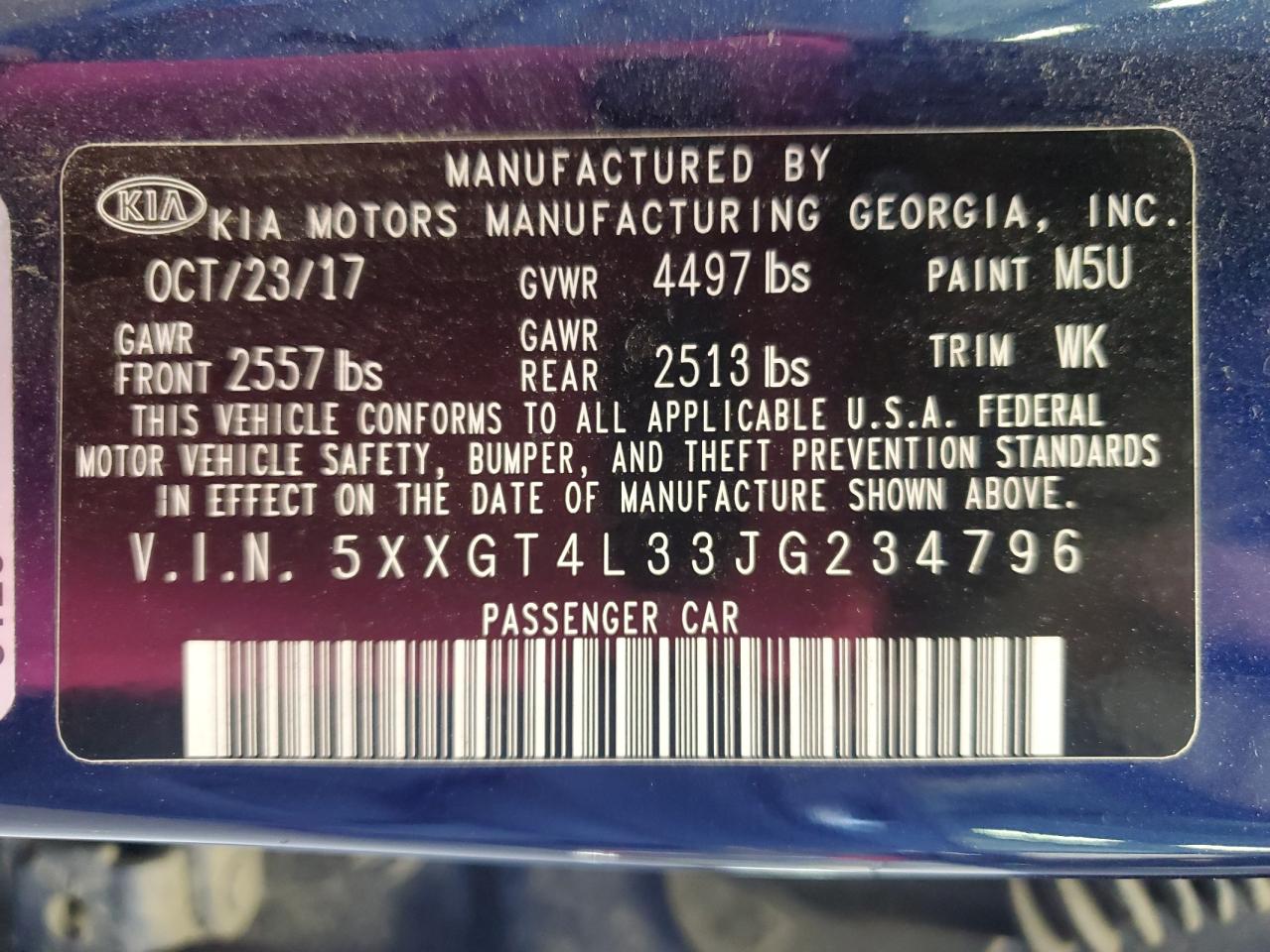 2018 KIA Optima VIN 5XXGT4L33JG234796 Copart auction photo, rear end / minor dent/scratches damage thumbnail 12