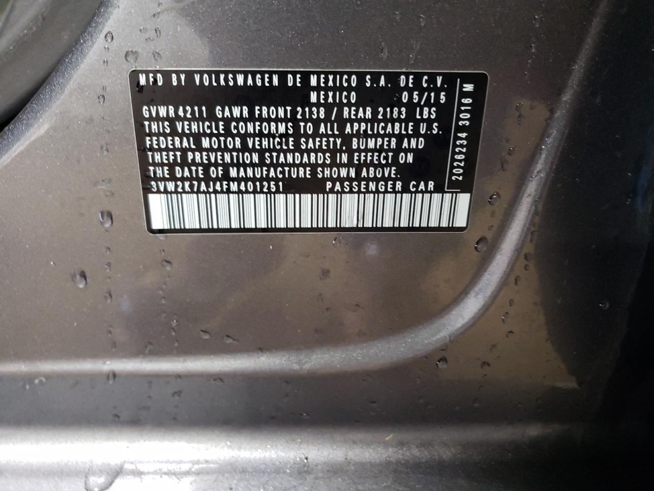 2015 Volkswagen Jetta VIN 3VW2K7AJ4FM401251 Copart auction photo, front end damage thumbnail 12