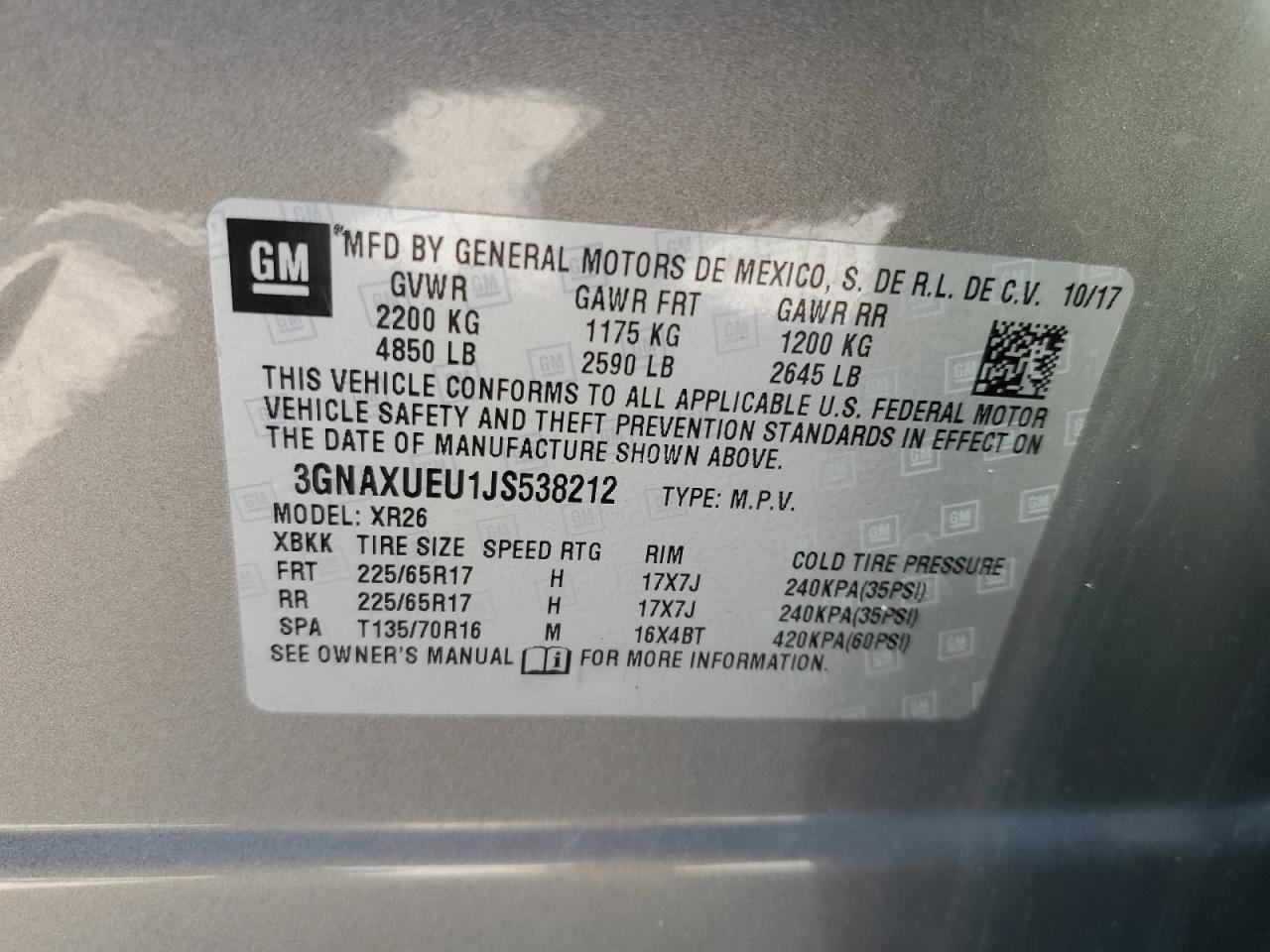 2018 Chevrolet Equinox VIN 3GNAXUEU1JS538212 Copart auction photo, front end damage thumbnail 12