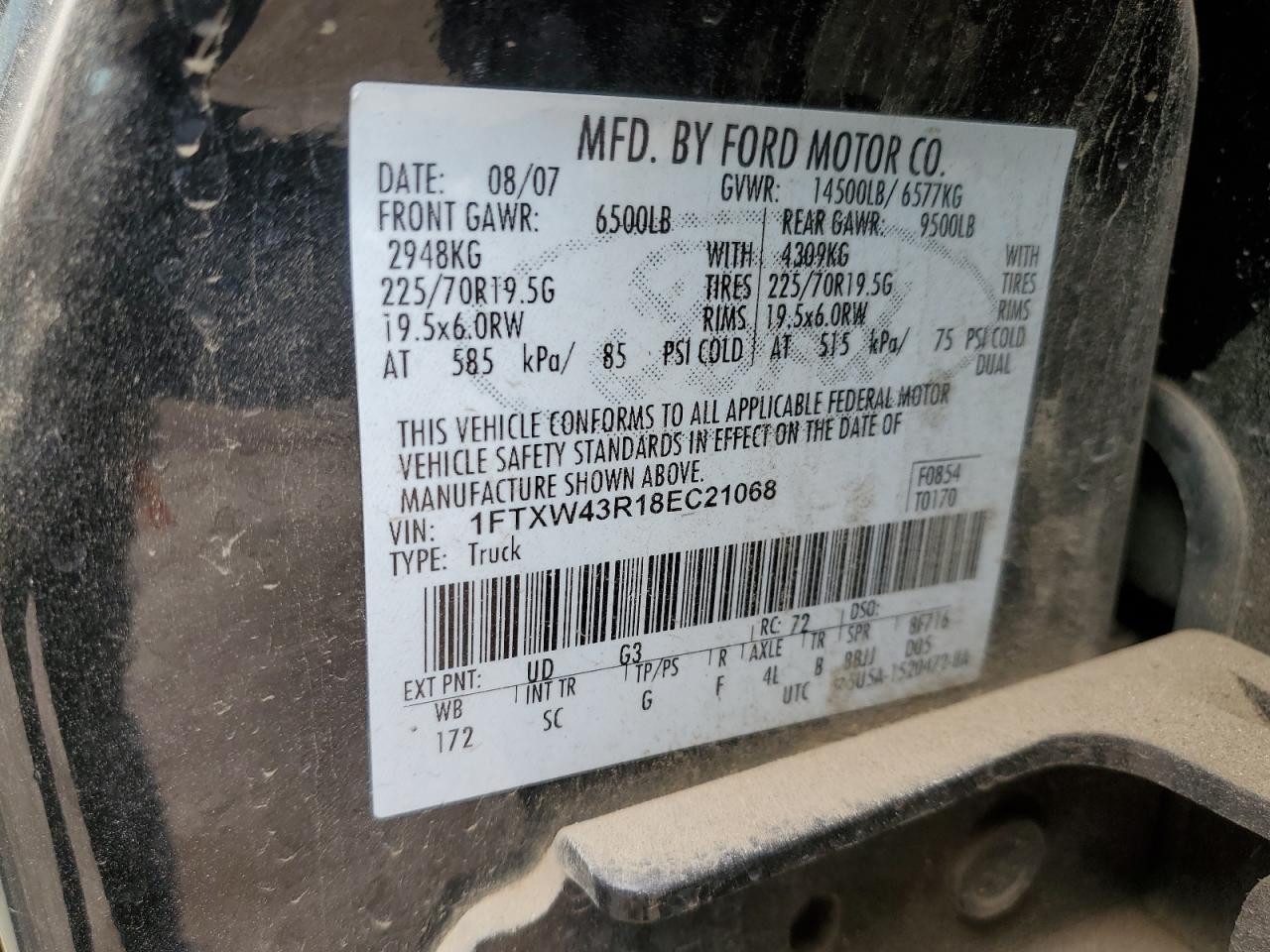 2008 Ford F450 VIN 1FTXW43R18EC21068 Copart auction photo, vandalism damage thumbnail 12
