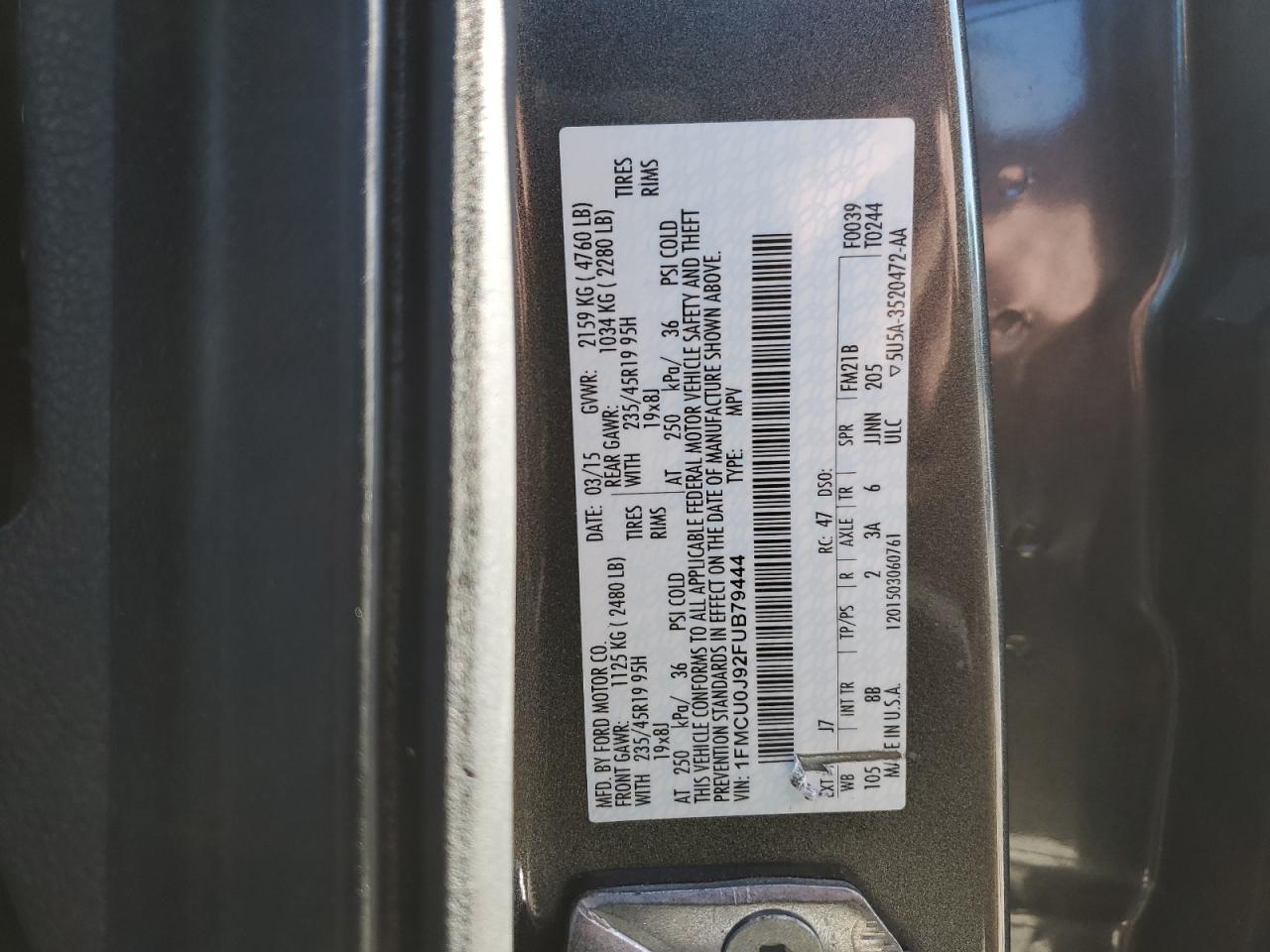 2015 Ford Escape VIN 1FMCU0J92FUB79444 Copart auction photo, front end damage thumbnail 16