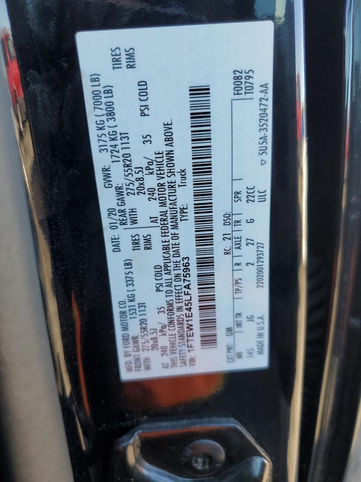 2020 Ford F-150 VIN 1FTEW1E45LFA75963 Copart auction photo, rear end damage thumbnail 12