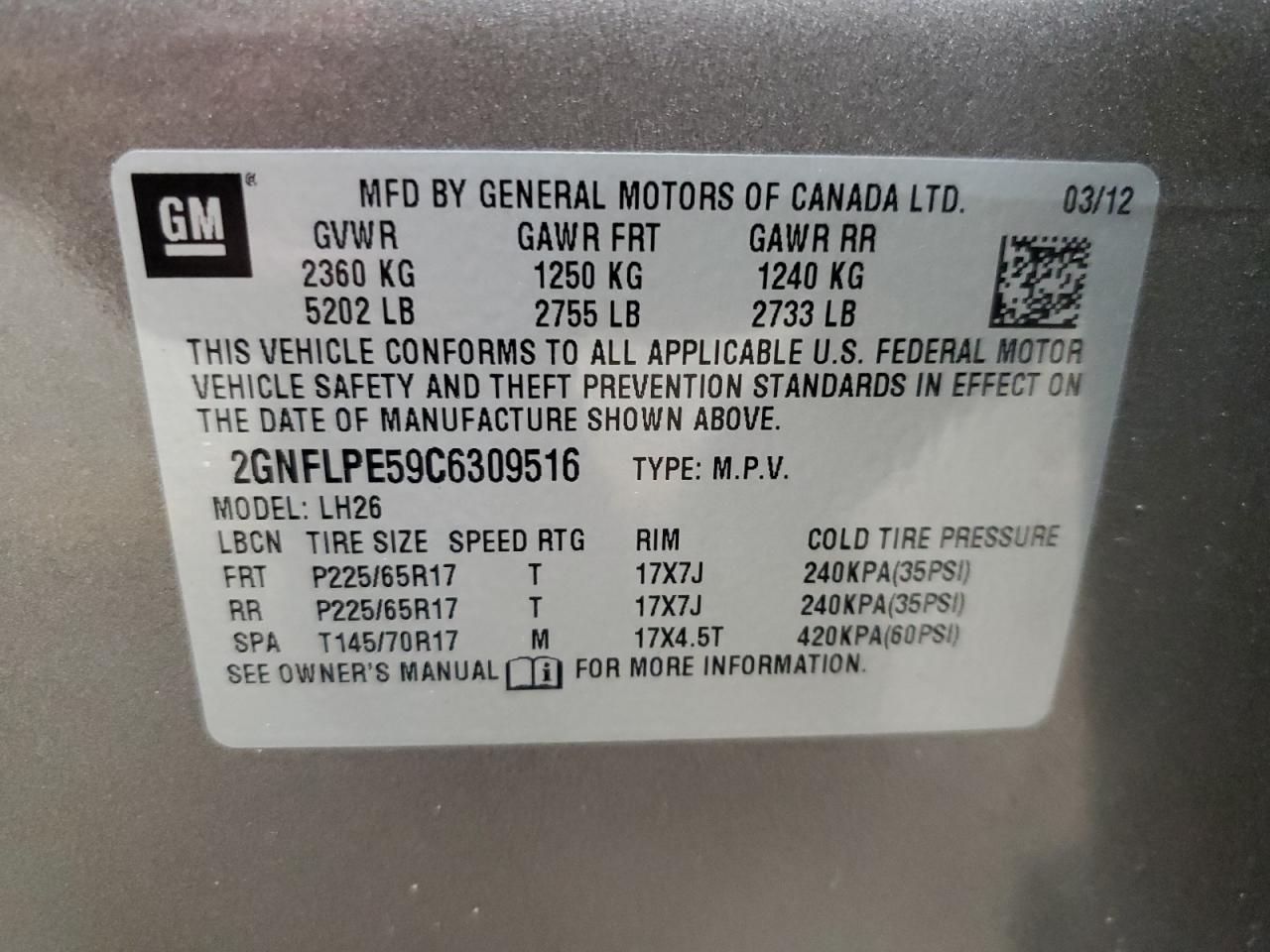 2012 Chevrolet Equinox VIN 2GNFLPE59C6309516 Copart auction photo, front end / undercarriage damage thumbnail 15