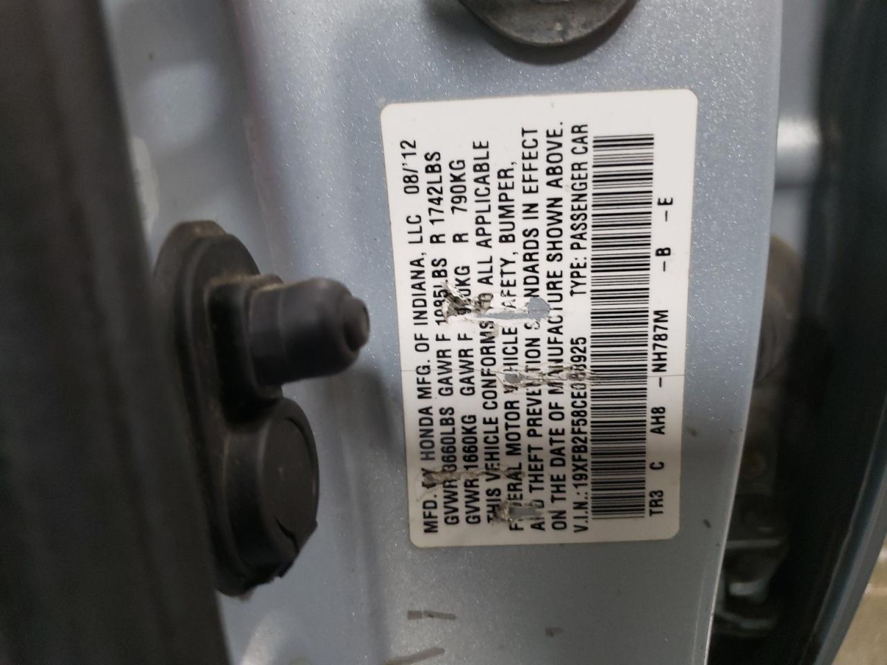 2012 Honda Civic VIN 19XFB2F58CE088925 Copart auction photo, front end damage thumbnail 12