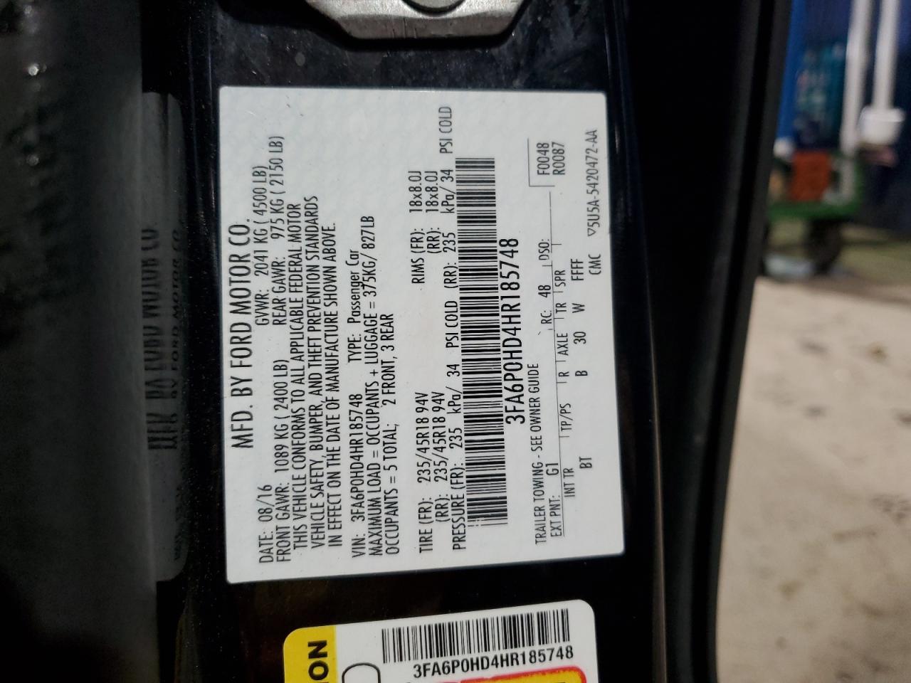 2017 Ford Fusion VIN 3FA6P0HD4HR185748 Copart auction photo, minor dent/scratches / mechanical damage thumbnail 12