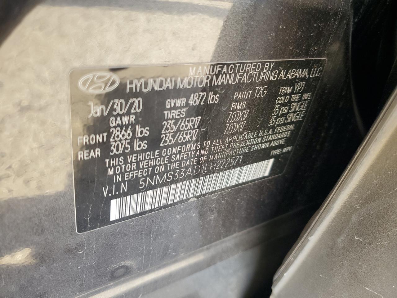 2020 Hyundai Santa Fe VIN 5NMS33AD1LH222571 Copart auction photo, front end / side damage thumbnail 13