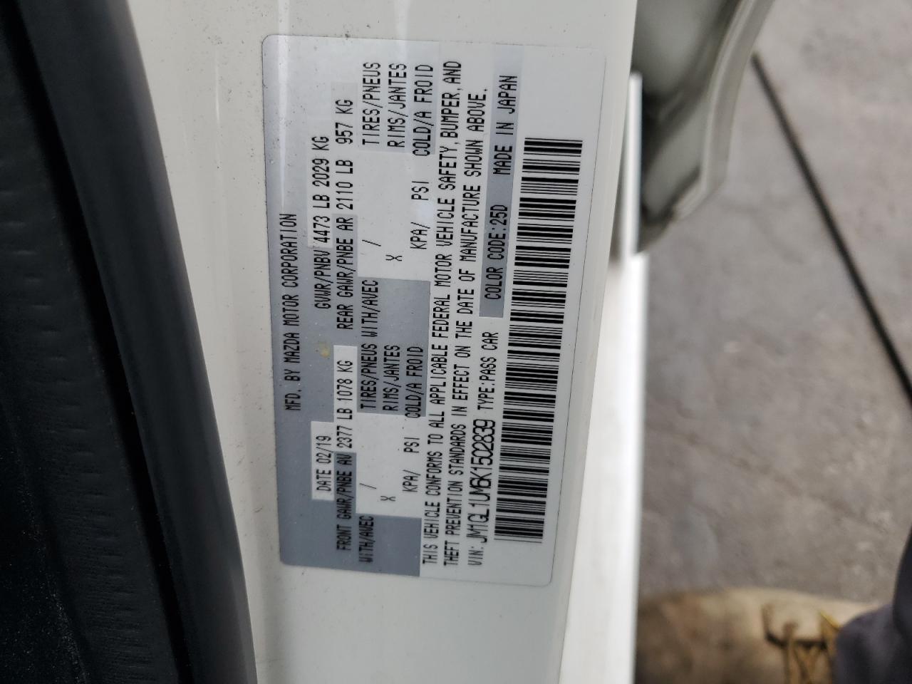 2019 Mazda 6 VIN JM1GL1UM6K1502839 Copart auction photo, front end / rear end damage thumbnail 14