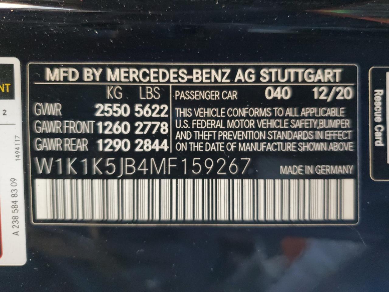 2021 Mercedes-Benz E-klasse VIN W1K1K5JB4MF159267 Copart auction photo, front end / side damage thumbnail 12