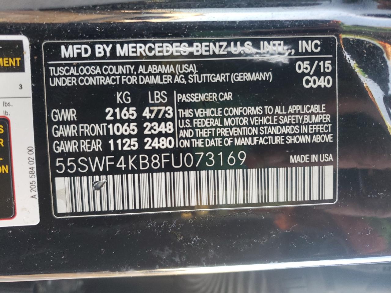 2015 Mercedes-Benz C-klasse VIN 55SWF4KB8FU073169 Copart auction photo, rollover damage thumbnail 12