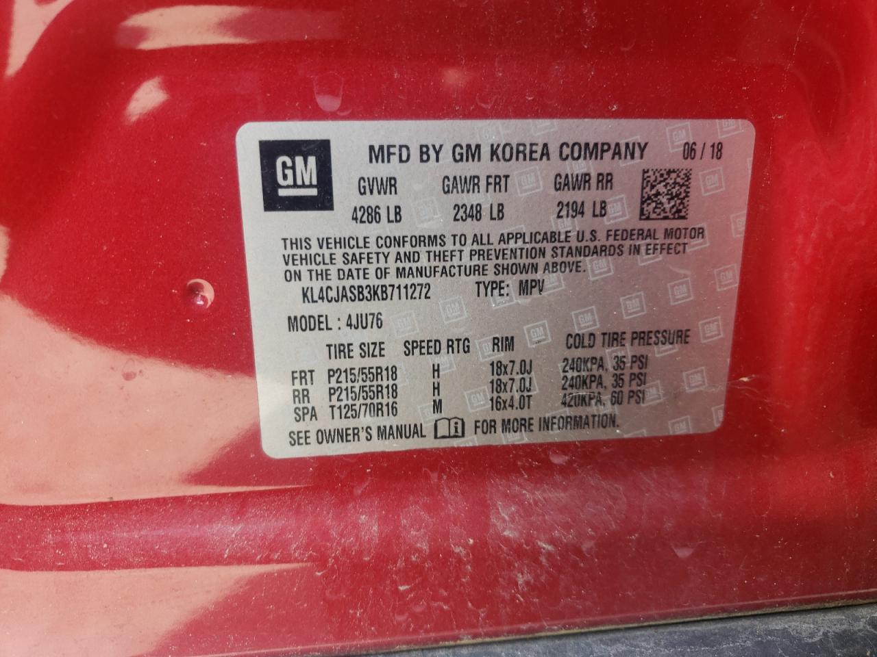 2019 Buick Encore VIN KL4CJASB3KB711272 Copart auction photo, all over damage thumbnail 14
