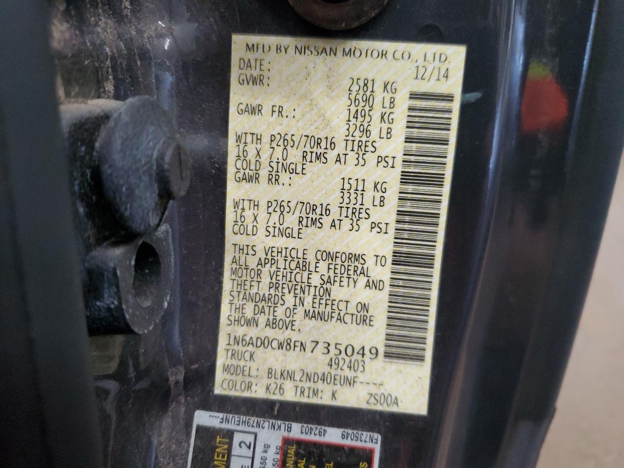 2015 Nissan Navara (Frontier) VIN 1N6AD0CW8FN735049 Copart auction photo, side / undercarriage damage thumbnail 13
