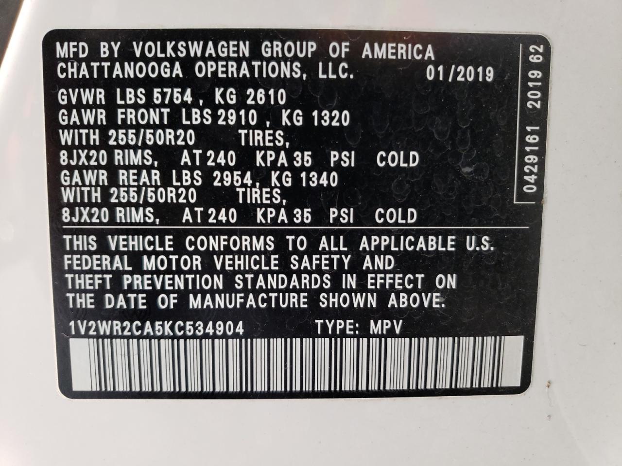 2019 Volkswagen Atlas VIN 1V2WR2CA5KC534904 Copart auction photo, rear end damage thumbnail 15