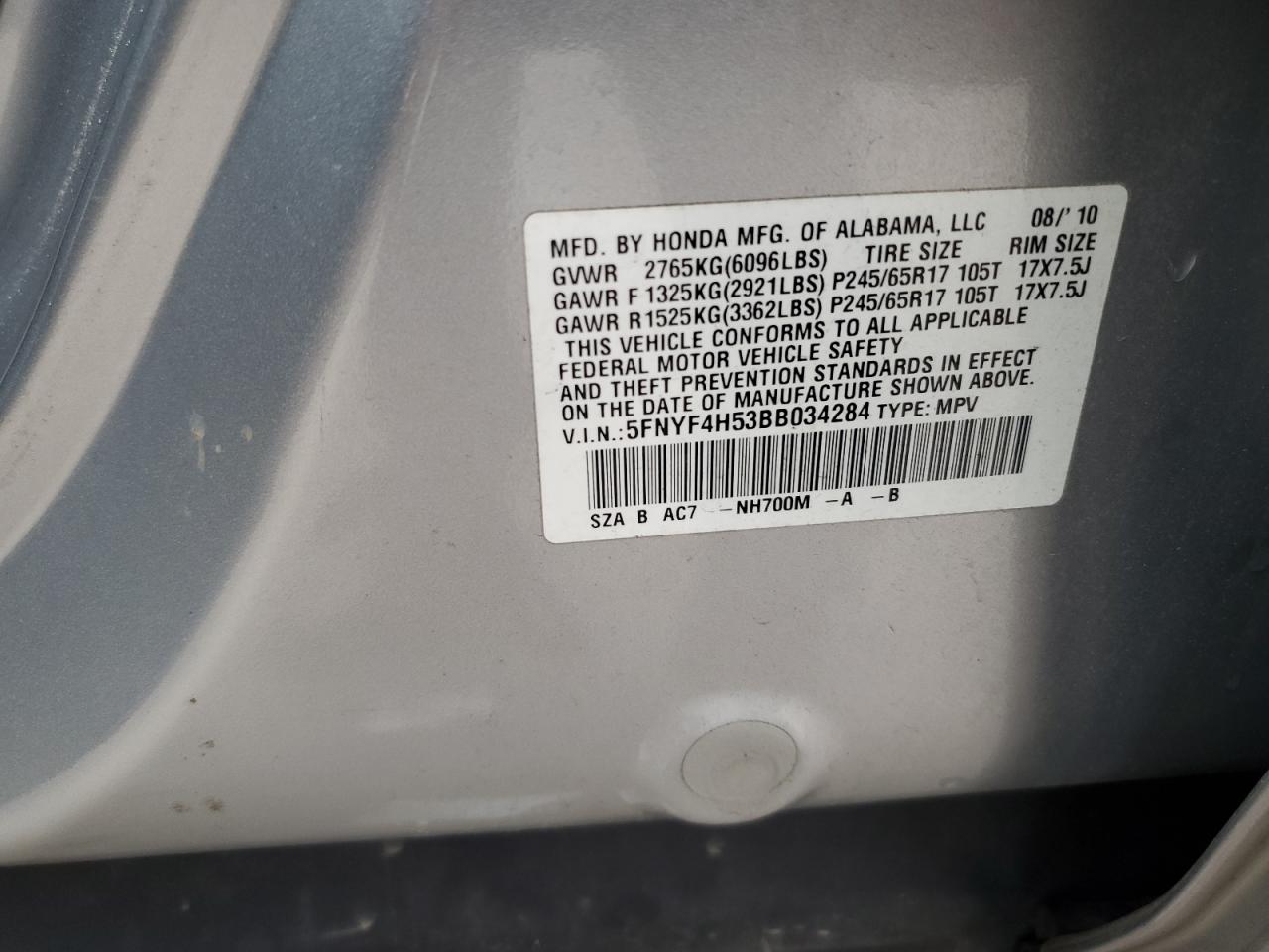2011 Honda Pilot VIN 5FNYF4H53BB034284 Copart auction photo, front end damage thumbnail 15