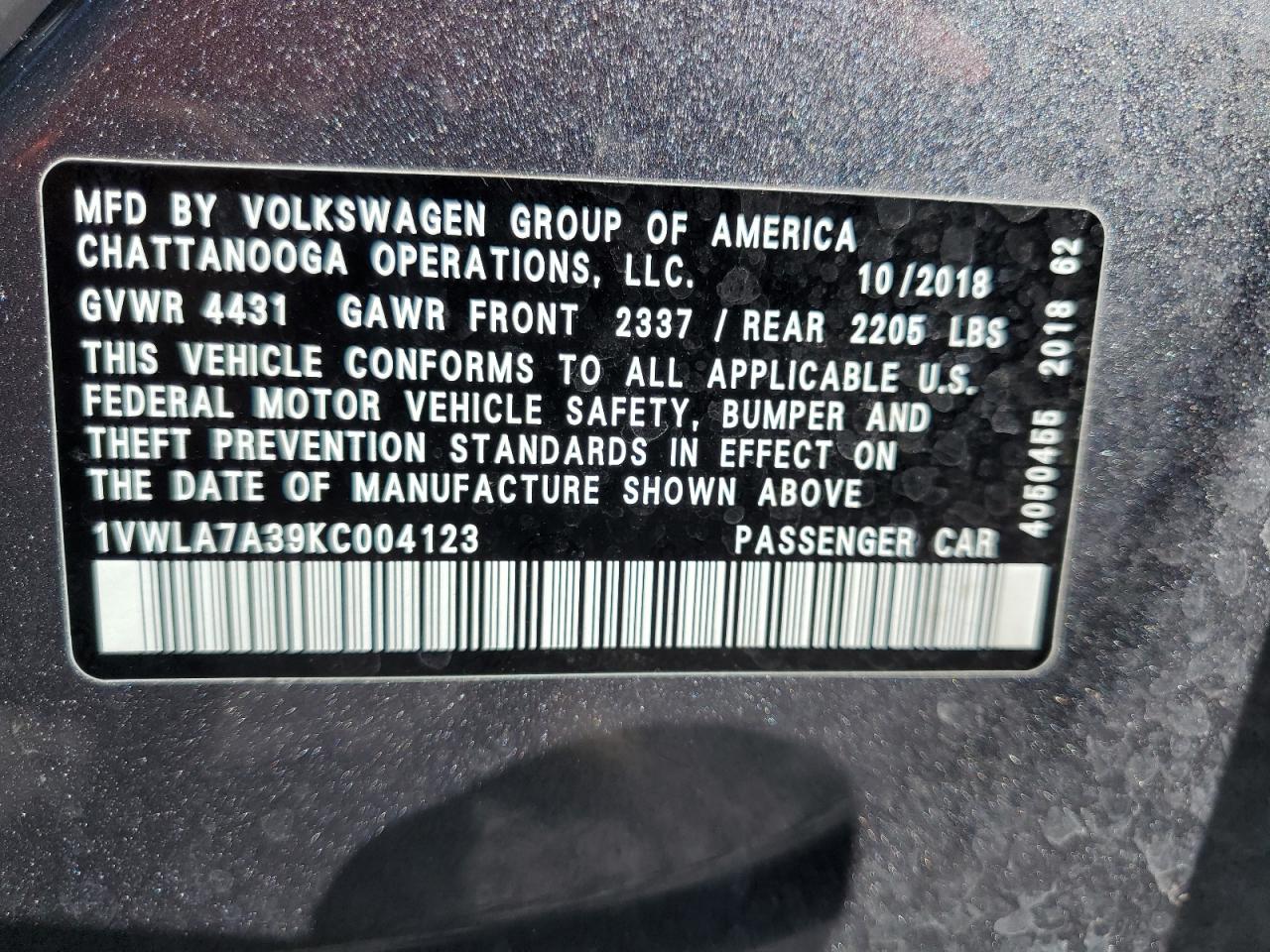 2019 Volkswagen Passat VIN 1VWLA7A39KC004123 Copart auction photo, rear end damage thumbnail 12