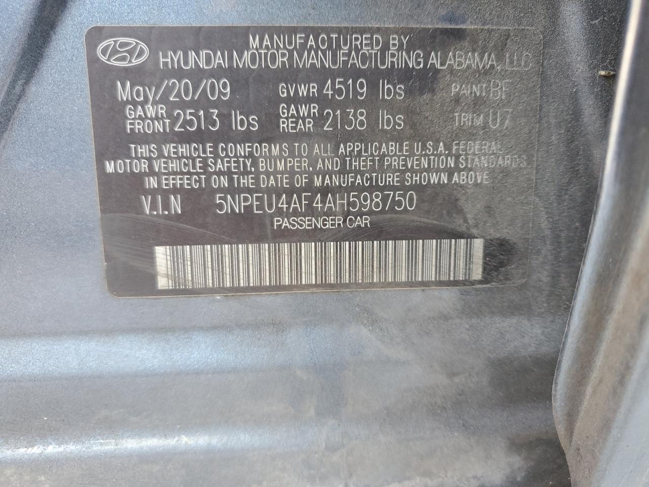 2010 Hyundai Sonata VIN 5NPEU4AF4AH598750 Copart auction photo, all over damage thumbnail 12