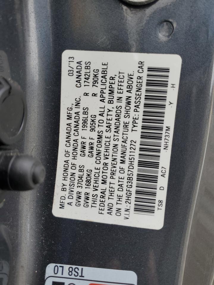 2013 Honda Civic VIN 2HGFG3B57DH511272 Copart auction photo, front end damage thumbnail 12