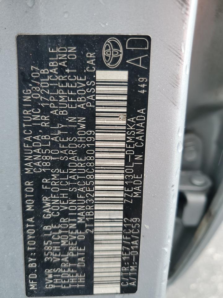 2008 Toyota Corolla VIN 2T1BR32E58C880199 Copart auction photo, front end / side damage thumbnail 13